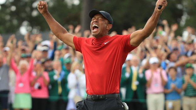 Tiger Woods celebrates winning the 2019 Masters