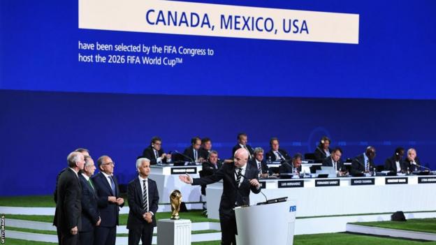Fifa president Gianni Infantino announces the 2026 World Cup has been awarded to Canada, Mexico and the USA