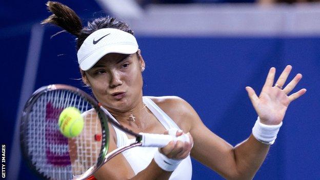 Emma Raducanu returns in her US Open first round match against Alize Cornet