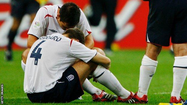 Frank Lampard and Steven Gerrard after missing their spot-kicks both missed their spot-kicks in the penalty shoot-out defeat by Portugal at the 2006 World Cup