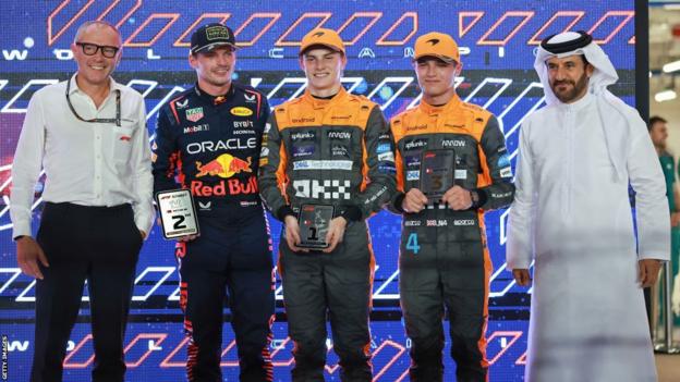 Stefano Domenicali, Max Verstappen, Oscar Piastri, Landro Norris and Mohammed Ben Sulayem at the Qatar Grand Prix
