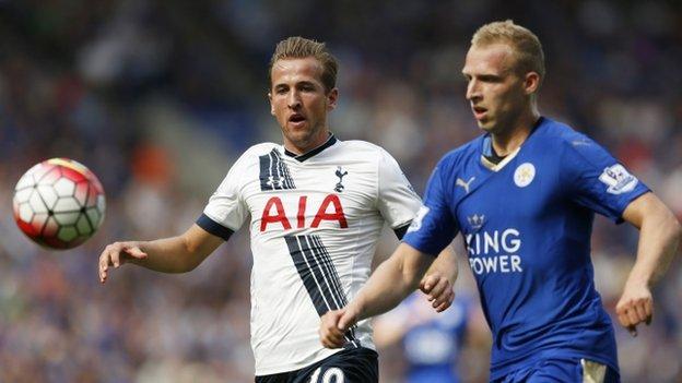 Tottenham's Harry Kane and Leicester's Ritchie De Laet