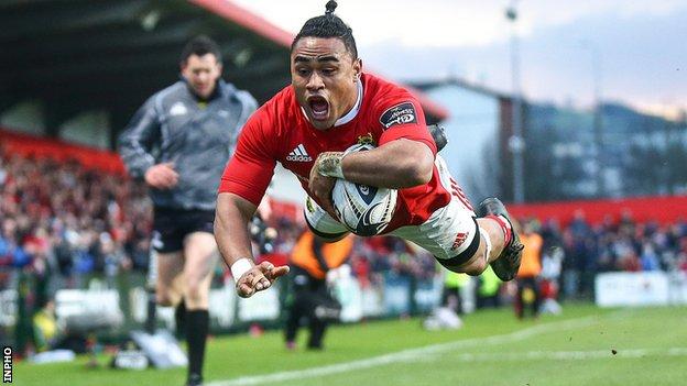 Francis Saili leaps to score Munster's second try at Musgrave Park