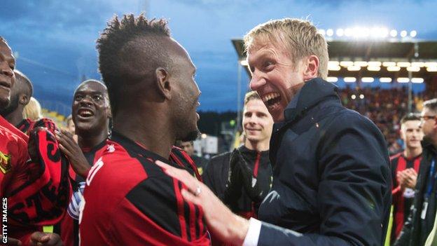 Graham Potter celebrates a Europa League victory with Ostersund