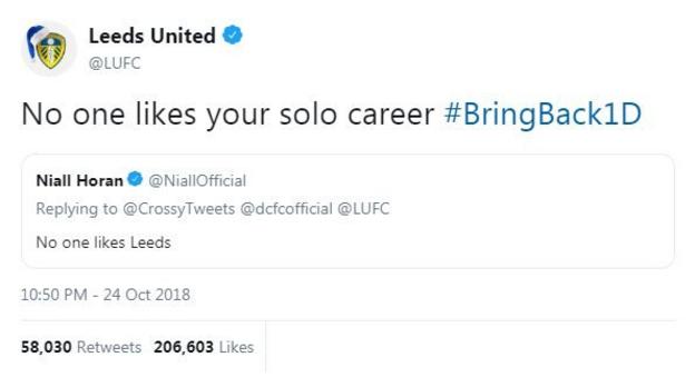 Niall Horan tweets "no-one likes Leeds", to which Leeds responded "No-one likes your solo career"