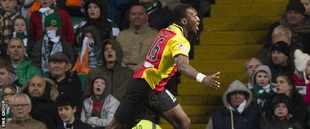 Ade Azeez celebrates his equaliser for in-form Thistle