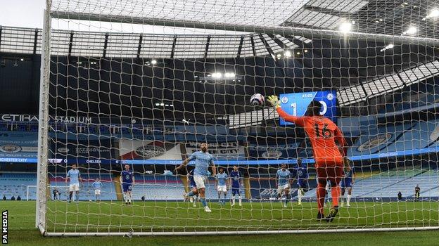 Sergio Aguero's penalty is saved by Chelsea goalkeeper Edouard Mendy