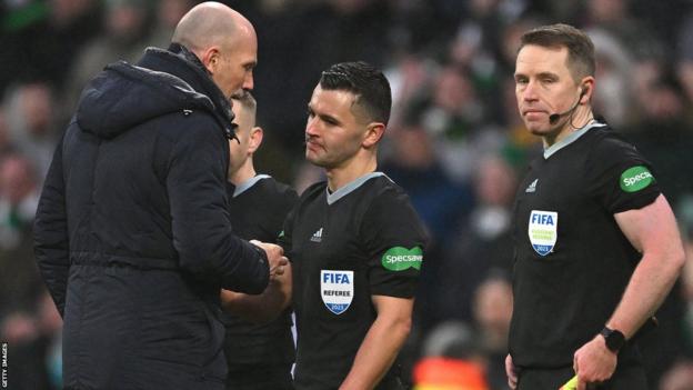 Rangers manager Philippe Clement discusses with referee Nick Walsh