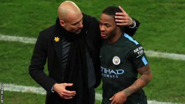 Raheem Sterling with Manchester City manager Pep Guardiola