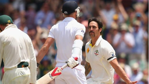 Mitchell Johnson celebrates after taking the wicket of James Anderson of England during day three of the Second Ashes Test match between Australia and England at Adelaide Oval on December 7, 2013 in Adelaide,