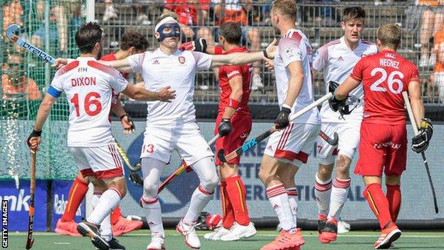 Sam Ward celebrates scoring for England against Belgium at the EuroHockey Championships