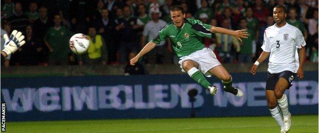 David Healy scores the winning goal against England in September 2005