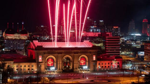 Fireworks above Union Station after the Kansas City Chiefs won Super Bowl 57