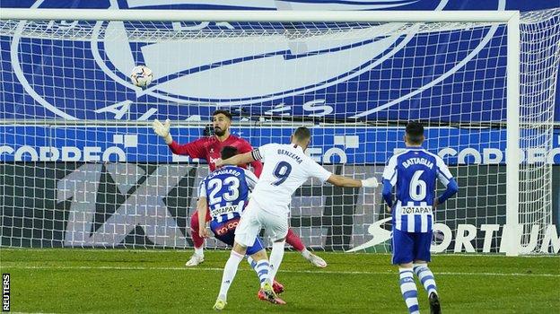 Karim Benzema scores for Real Madrid against Deportivo Alaves in January