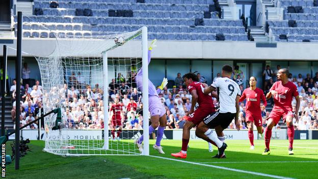 Aleksandar Mitrovic scores for Fulham against Liverpool