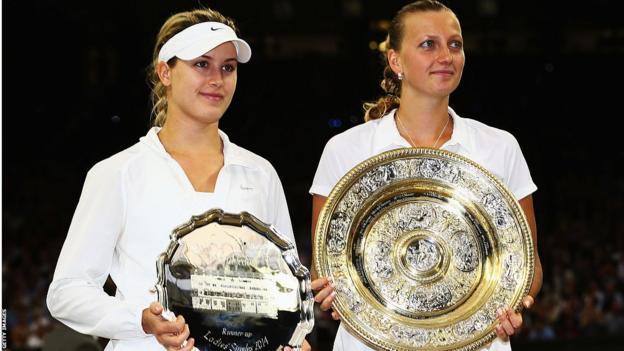 Eugenie Bouchard (left) and Petra Kvitova with their Wimbledon trophies from 2014