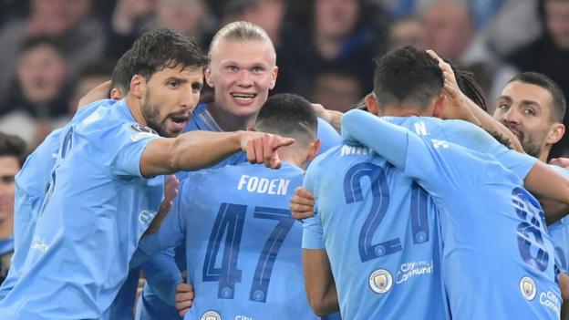 Erling Haaland celebrates his second goal for Manchester City against Young Boys