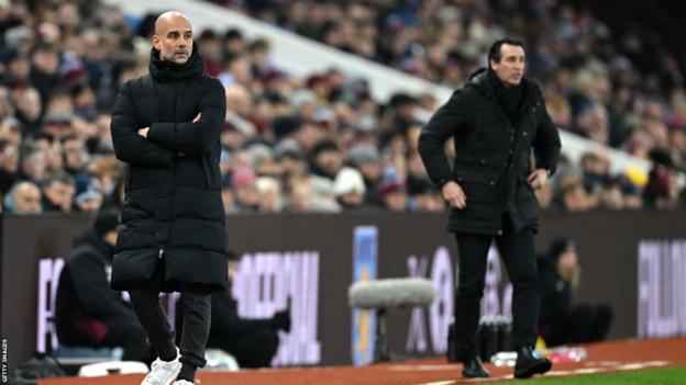 Pep Guardiola on the touchline at Villa Park