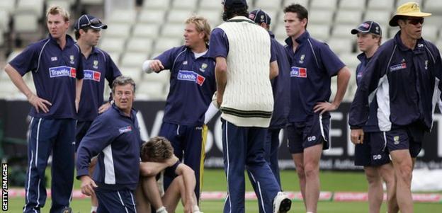 Glenn McGrath is crestfallen aft  lasting  connected  a stray cricket shot  which would pb  to him being ruled retired  of the 2005 Ashes Test astatine  Edgbaston