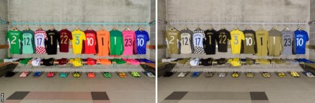 A range of kits lined up next to each other. In the first image, the 12 kits are bright colours and all stand out from one another. In the second image - as a colour blind person might see them - they are much harder to tell apart.