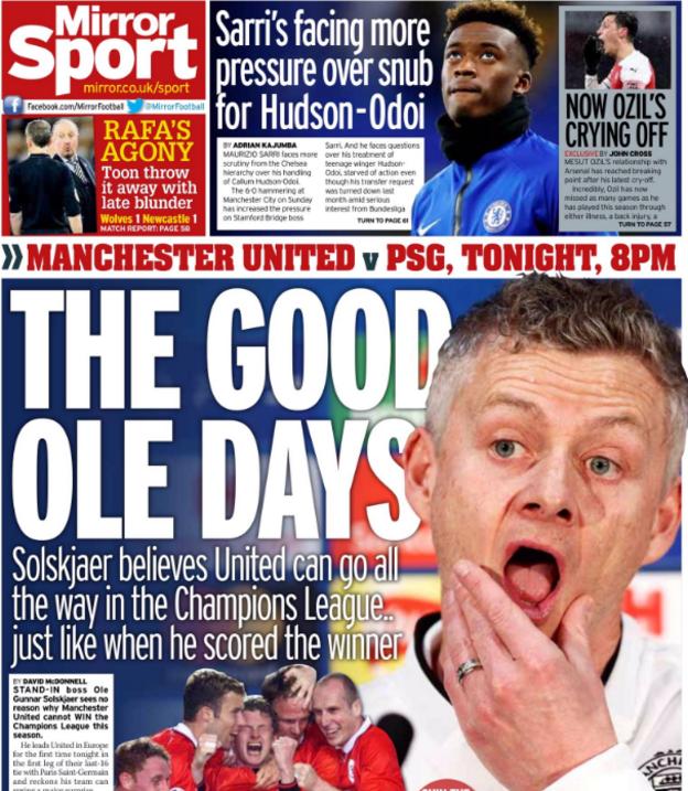 The Mirror leads on Ole Gunnar Solskjaer believing Manchester United can win the Champions League