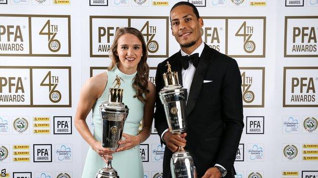 Arsenal women forward Vivianne Miedema (left) and Liverpool defender Virgil van Dijk (right) pose with their PFA Player of the Year award trophies