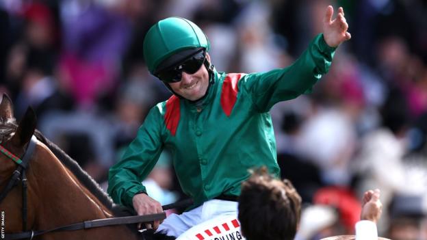 Chris Hayes celebrates after Tahiyra's Coronation Stakes win