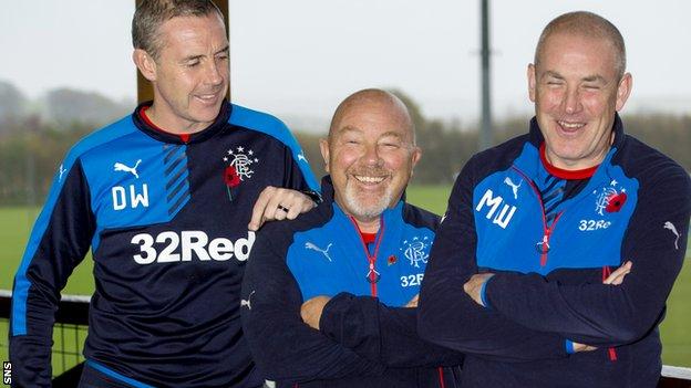 Rangers assistant manager David Weir, head of recruitment Frank McParland and manager Mark Warburton