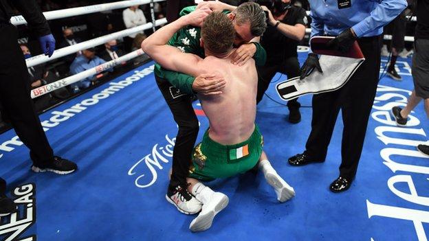 Jason Quigley embraces Wayne McCullough after his crucial win over Shane Mosley Jr in May