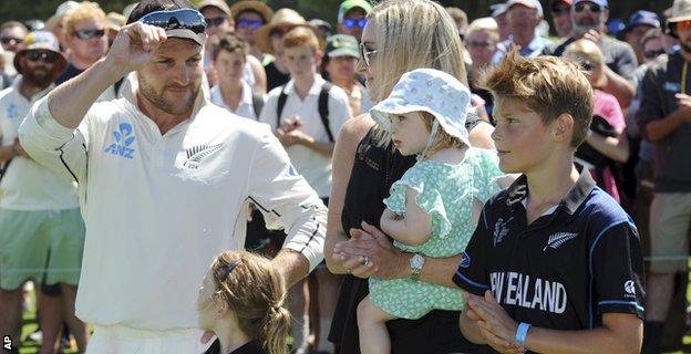 Brendon McCullum with his wife and children after the game