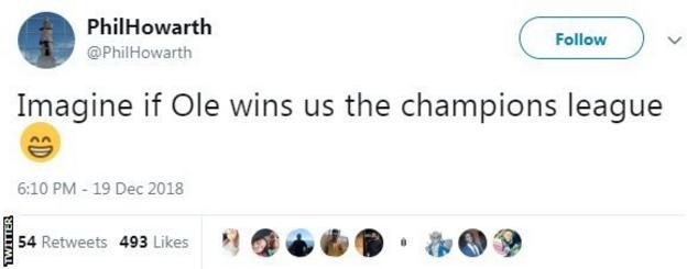 Tweet from Phil Howarth saying 'Imagine if Ole wins us the Champions League'