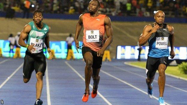 (l-r) Yohan Blake, Usain Bolt, Asafa Powell