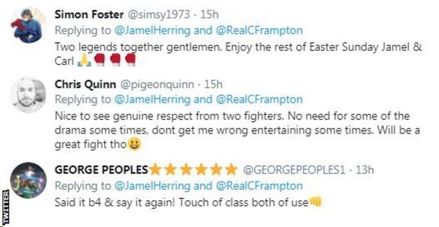 Boxing fans on Twitter applaud Carl Frampton and Jamel Herring exchangingrespectful comments on social media, with one fan calling them both "gentlemen"