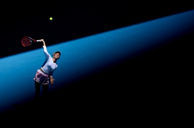 Donna Vekic serves in the fourth round against Linda Fruhvirtova at the Australian Open