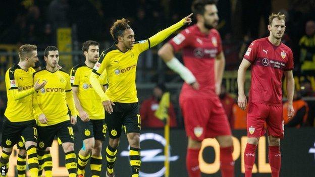 Pierre-Emerick Aubameyang celebrates scoring against Stuttgart