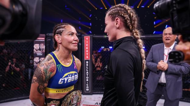Leah McCourt and Cris Cyborg face off at Bellator 300