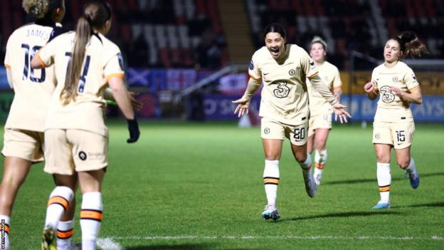 Sam Kerr celebrates scoring against West Ham