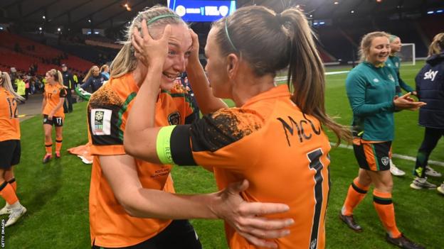What have we done? Louise Quinn celebrates qualifying for the World Cup with McCabe