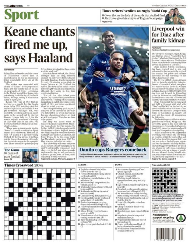 The back page of the Scottish edition of The Times