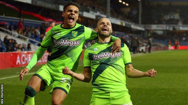 Max Aarons and Teemu Pukki celebrate the Finn's goal against QPR