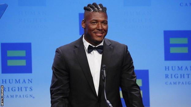 NFL player Ryan Russell speaks at the annual Human Rights Campaign National Dinner in 2019 in Washington DC