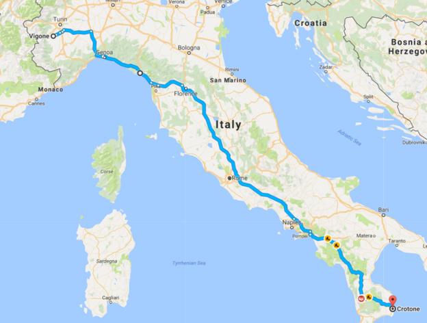 Map of Italy, Vigone to Crotone