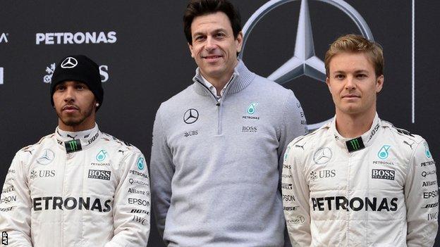 Toto Wolff poses with Lewis Hamilton and Nico Rosberg