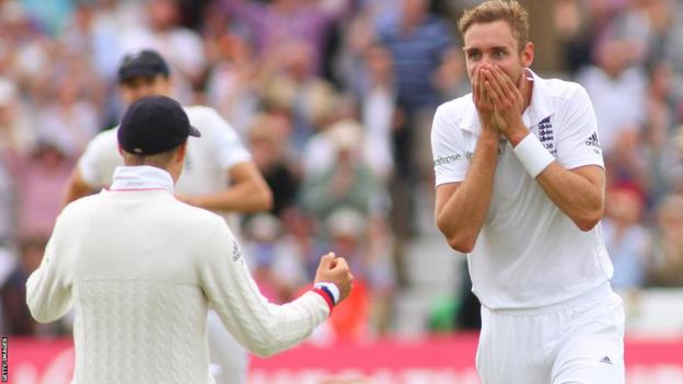 Stuart Broad covering his rima  successful  solemnisation  connected  his mode   to taking 8-15 against Australia astatine  Trent Bridge successful  2015