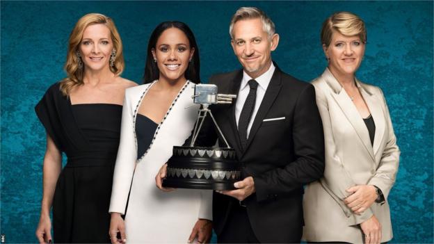 Gabby Logan, Alex Scott, Gary Lineker (holding the BBC Sports Personality of the Year trophy) and Clare Balding