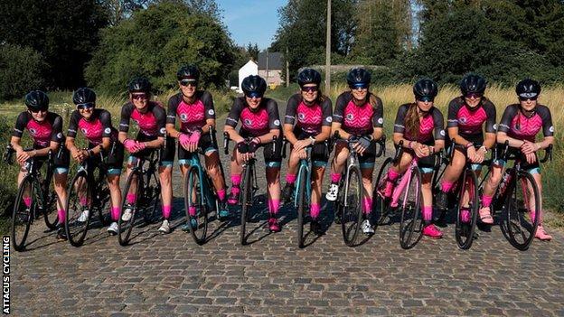 A group of 10 riders called the InternationElles who are riding the entire Tour de France route the day before the men's race