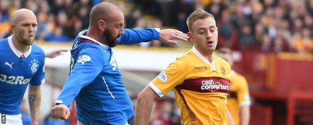 Laing (right) in action during Motherwell's play-off win over Rangers