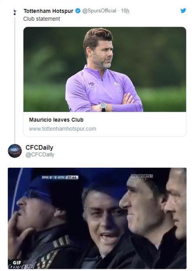 CFC Daily replying to Tottenham's tweet with a gif of Mourinho laughing