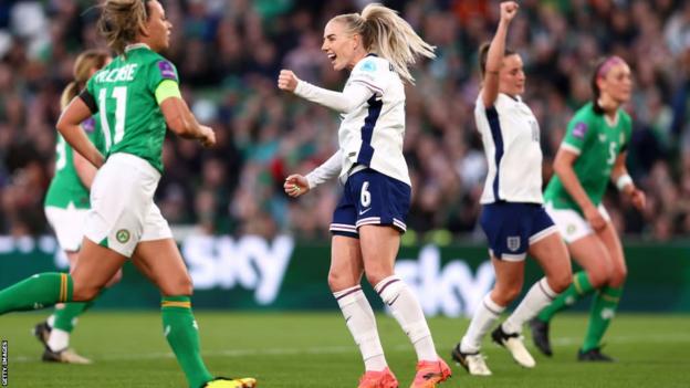 Alex Greenwood celebrates scoring against the Republic of Ireland