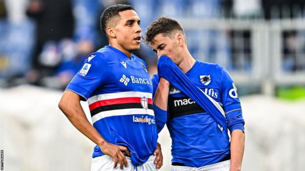 Sampdoria players Abdelhamid Sabiri and Filip Djuricic during a match against Bologna